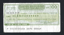 MINI CHECK CATHOLIC BANK OF VENETO 100 LIRE 10/8/1976 RARE