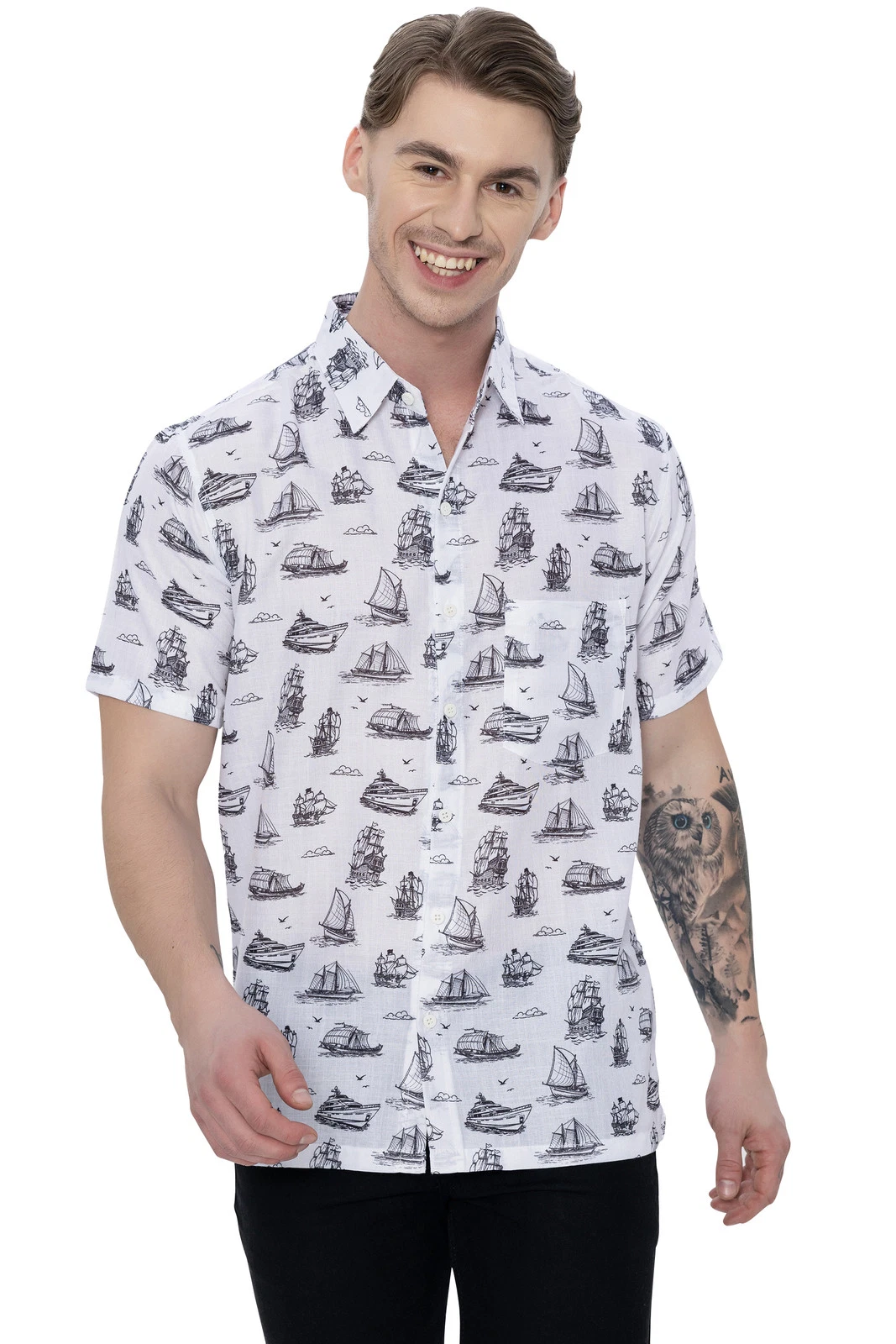 HAPPY BAY Mens Hawaiian Short Sleeve Button Down Shirts M Ocean, White