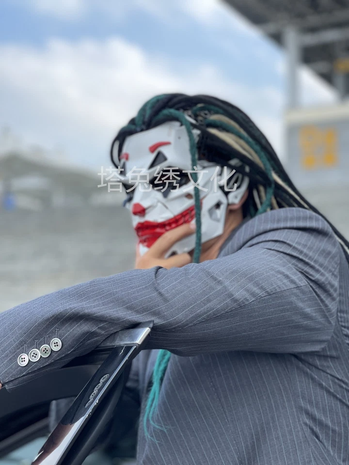 Joker Full Face Masks Resin Cosplay Props w/Dreadlocks Punk Style Accessories - Image 3 of 4