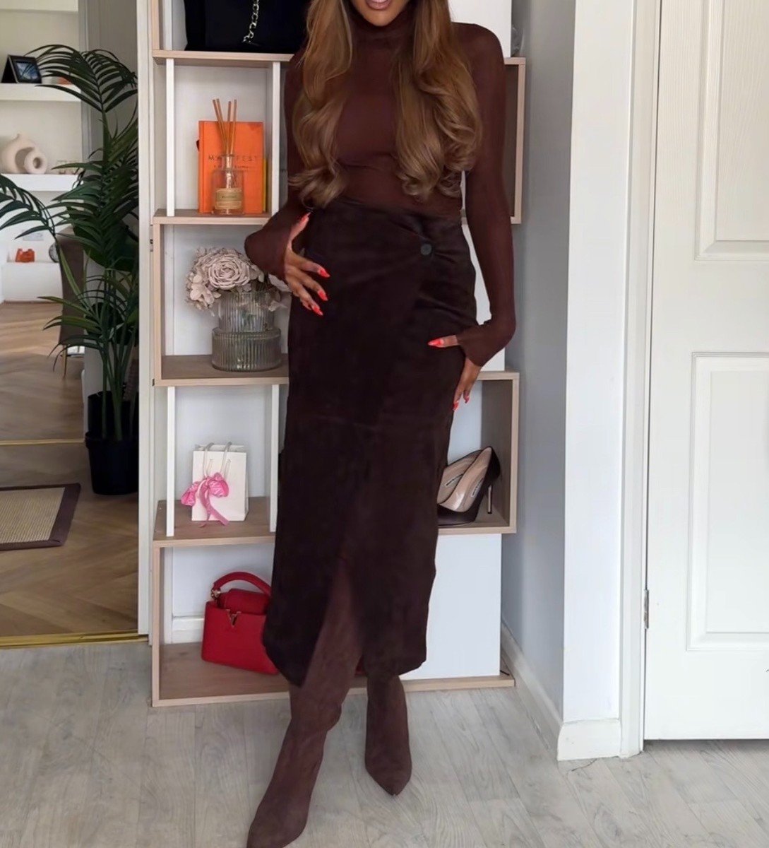 ZARA NEW WOMAN HIGH-WAIST 100% LEATHER WRAP MIDI SKIRT BROWN XS-L