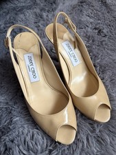 JIMMY CHOO Beige Patent Leather Buckle Slingback Peep Toe Heels EU 37 / US 7