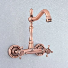 Antique Copper Wall Mount Bathroom Kitchen Faucet Dual Handle Basin Sink Mixer