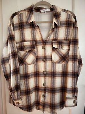 NWT Eden & Olivia Anthropologie Knit Top Shirt Button Long Sl M XL Plaid Brown