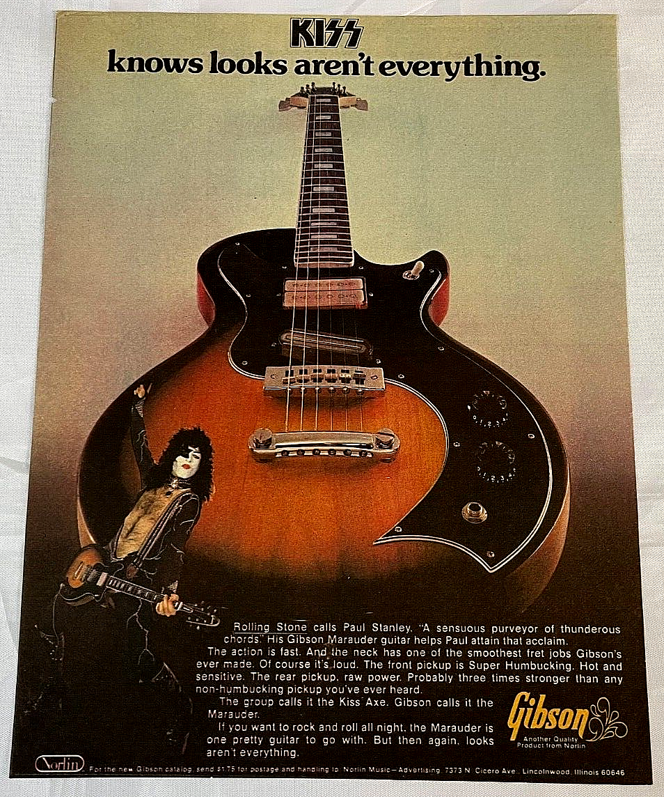 KISS Paul Stanley 1976 Gibson Marauder Guitar Promo Magazine Ad