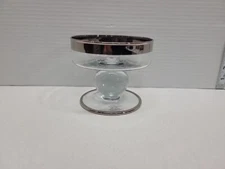 Vintage Made In Italy Clear Glass Compote Bowl Hand Painted Silver Rim 4" Tall