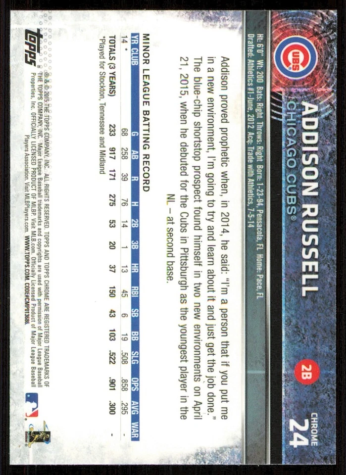 2015 Topps Chrome #24 Addison Russell RC - Image 2 of 2