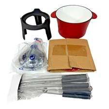 Cast Iron Fondue Pot Set Red Enamel 5.5 Cups