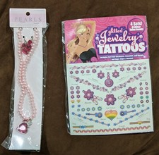 NEW in package Pink Pearlized Necklace Heart Charm Earrings Set Tattoo Rainbow