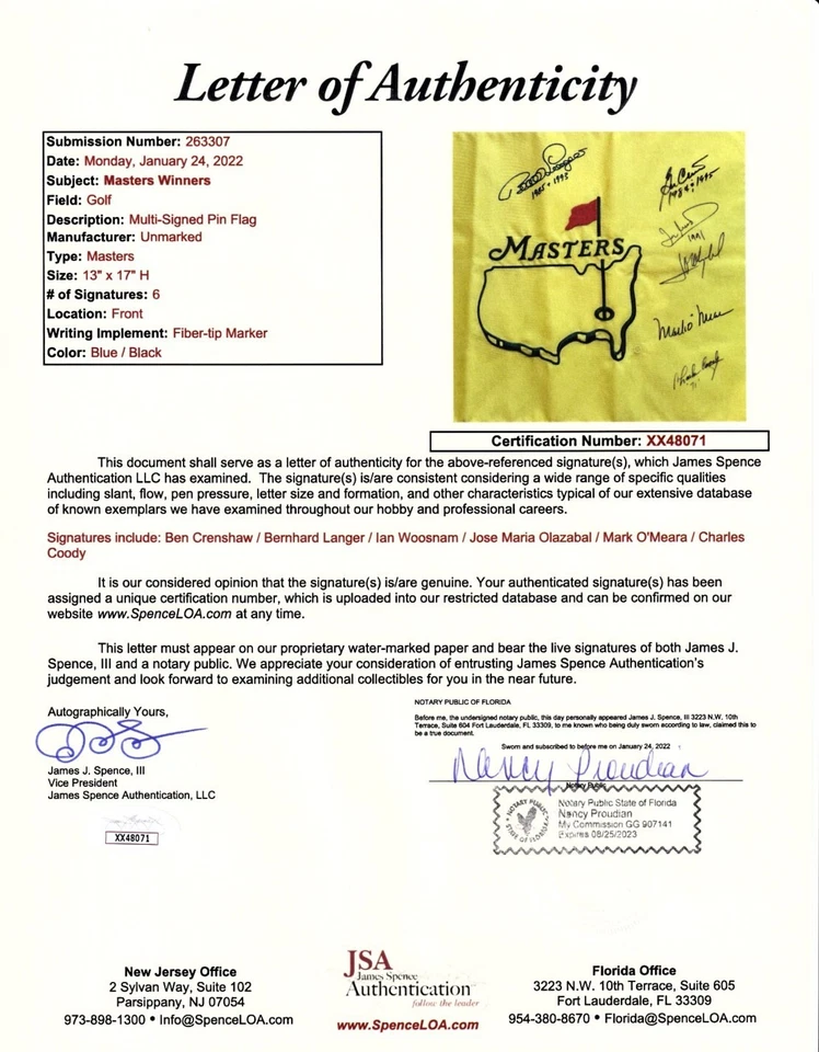 Ben Crenshaw Mark O'Meara Coody Bernhard Langer Olazabal signed Masters flag JSA - Image 2 of 2