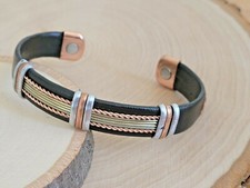 Solid Copper Leather Wrapped Magnetic Bracelet Energy Pain Brass Wire