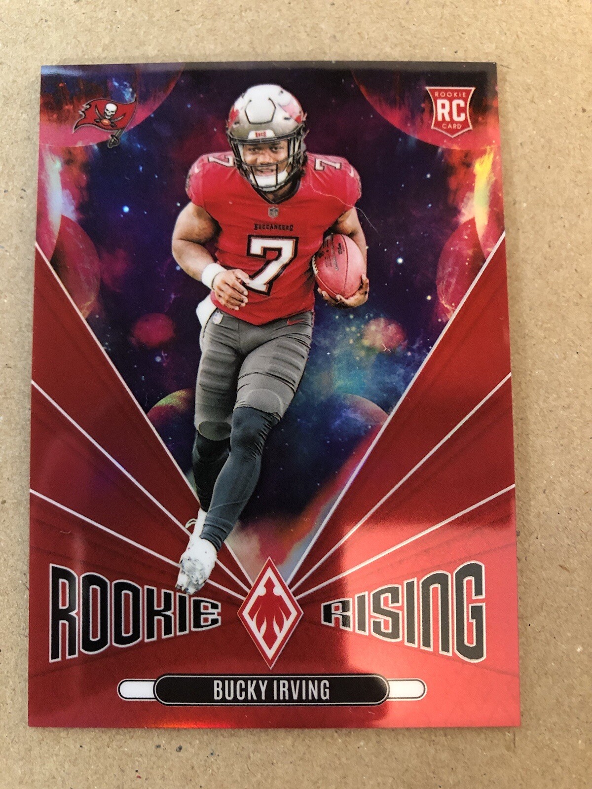 2024 Bucky Irving Panini Phoenix Rookie Rising Red Prizm /99 Card #RR-BIG Bucs