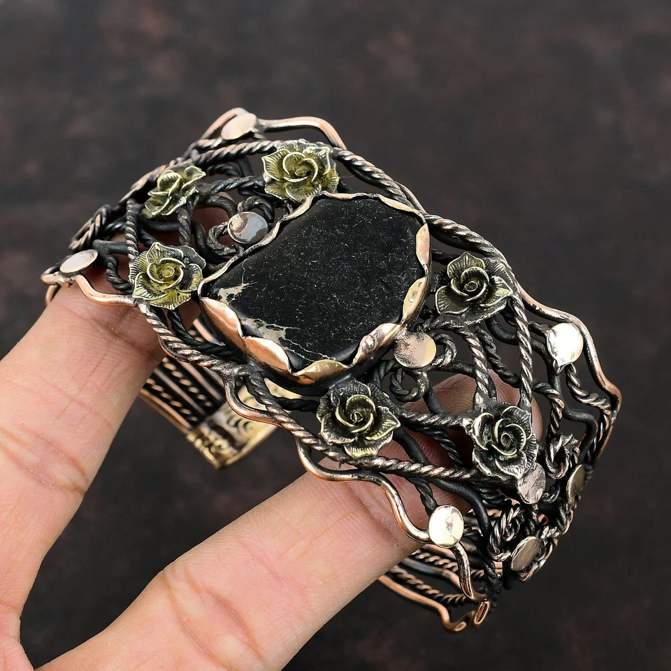 Brazalete de madre flor envuelto en alambre de piedra de jaspe sedimento del mar negro joyería cobre Foto 3 de 4