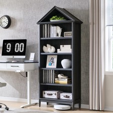 75.9" Tall Farmhouse Bookcase Angle Arched Adjustable Shelves 5-Tier Dark Grey