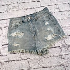 BDG Super High Rise Cheeky Distressed Denim Shorts Light Wash Blue 27w Festival