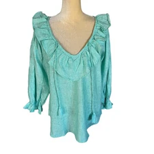 Mille Resort & Travel May Top Green Stripe Linen Ruffle NEW NWOT Size Medium