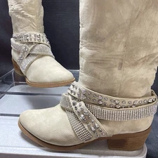 Not Rated Bling Boots Tall Womens Size 8 Studs Rhinestones Cream Faux Suede