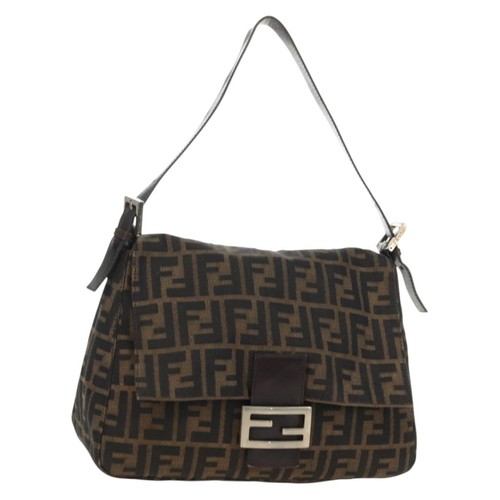 FENDI Zucca Canvas Mamma Baguette Shoulder Bag Black Brown Auth yk20359SAV