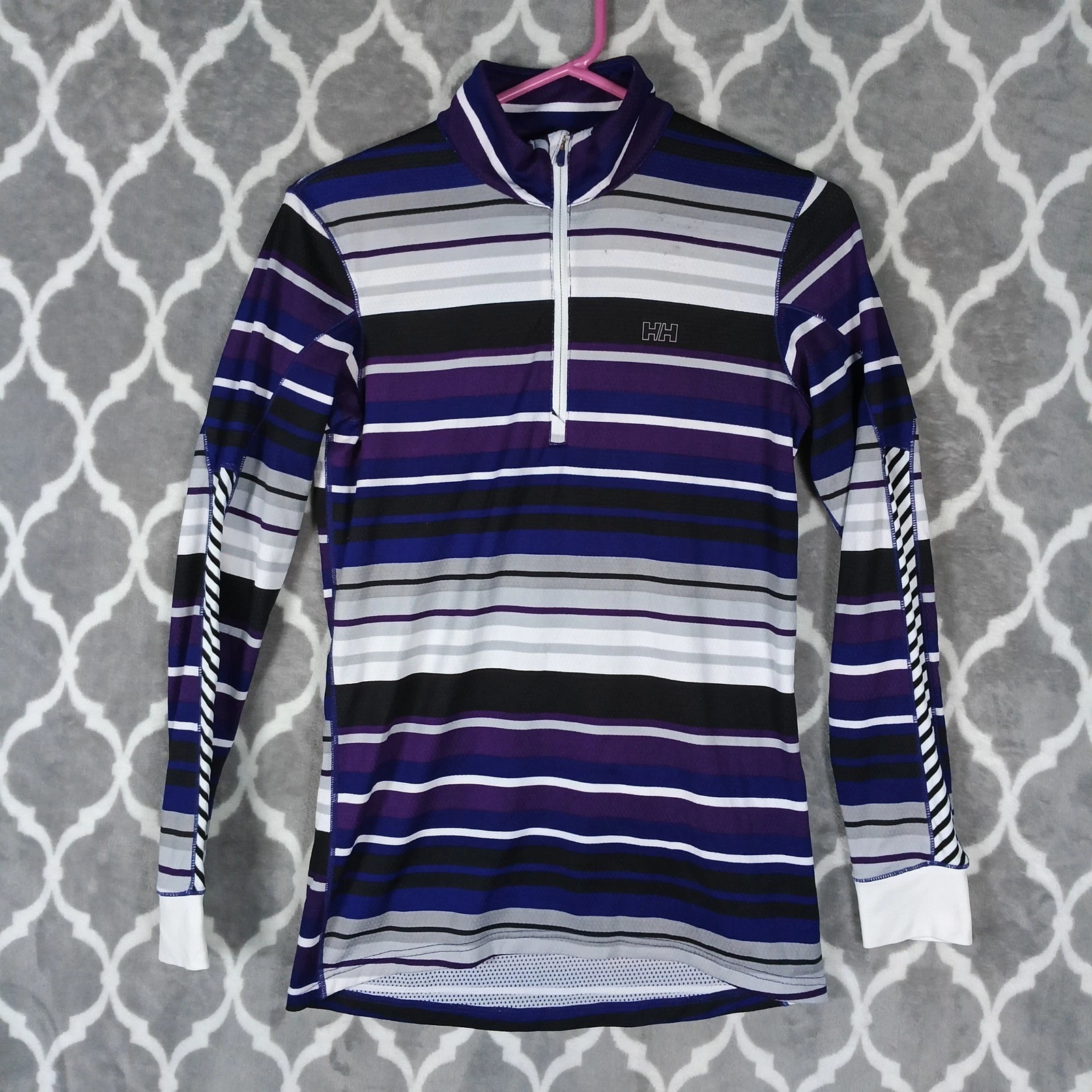 Helly Hansen Base Layer Top Womens Medium Purple Striped Long Sleeve 1/2 Zip