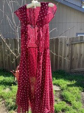Maroon/white sheer polka dot ruffle neck wrap dress vtg Montgomery Wards