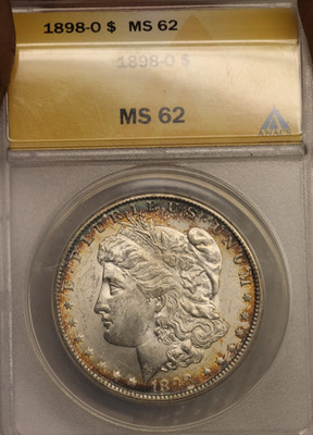 1898 O Morgan Silver Dollar  ANACS MS62  . Lovely toning. RAINBOW TONING toned