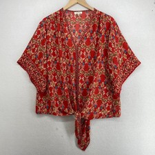 MAX STUDIO Blouse 1X Boho Crepe Floral Print Boxy Kimono Sleeve Tie Front Red