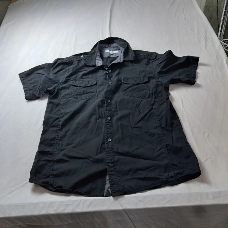 pd&cc Mens Short Sleeve Button Up Shirt Large Black Utility Pocket Casual