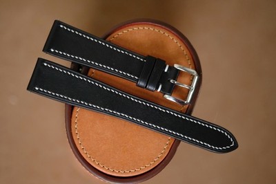 Handmade flat thin black leather watch strap watch band size 19/16 (or any size)
