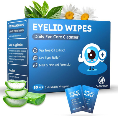 30PCS Eyelid & Lash Wipes for Itchy & Dry Eyes, Tea Tree Oil Eyelid Wipes for St