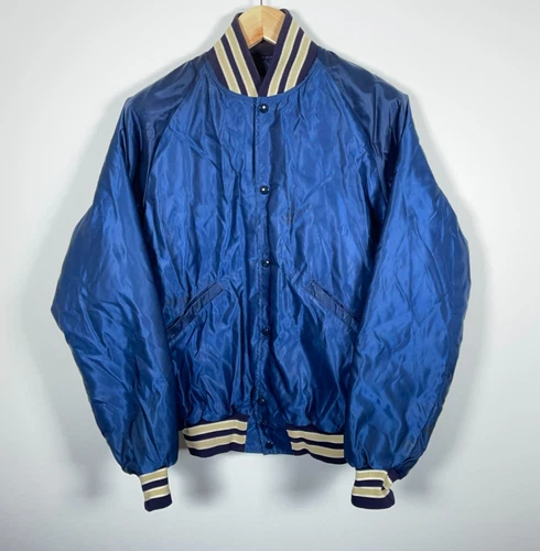80s Satin Bomber Jacket Adult Medium Blue Beige Trim USA Made Johnny Mac's