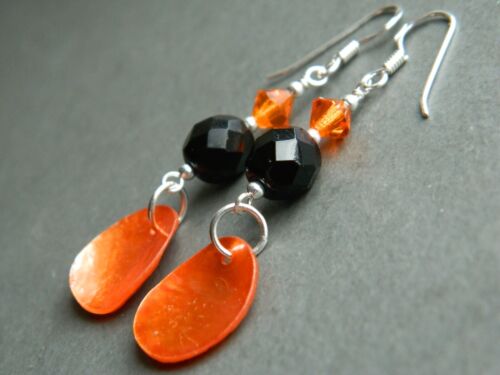 Metallic Orange MoP Shell Discs, French Jet, Crystal & Sterling Silver Earrings - Picture 8 of 14