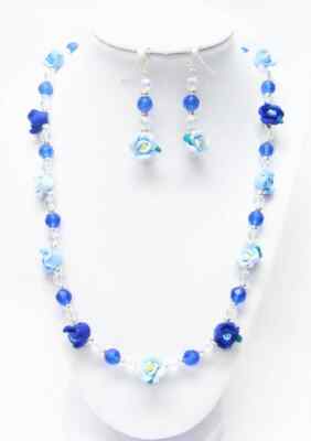 Blue Fimo Polymer Clay Flower Rose Beads Necklace/Earrings Set 