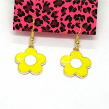 Cute New Yellow Gold Plated Enamel Retro Flower Charm Hook Dangle Earrings