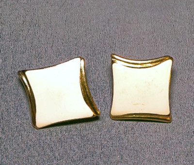 Square Goldtone and Off-White Enamel Earrings by Trifari