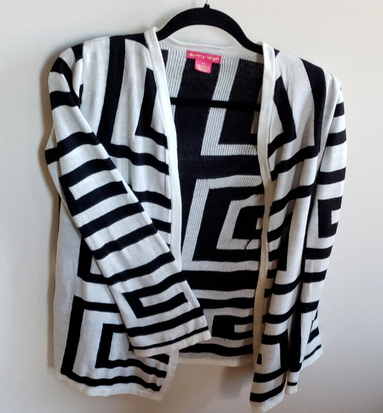 Cárdigan Suéter Sunny Leigh XS Patrón Geométrico Negro Blanco Mangas Completas Foto 2 de 4