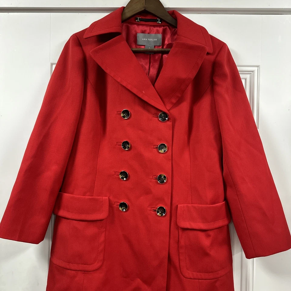 Vestido gabardina largo de lana de doble botonadura rojo para mujer Ann Taylor Work City talla 8 Foto 3 de 4