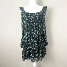 NEW Francesca's Trixxi Smocked Green Black Floral Long Sleeve Mini Dress Size S