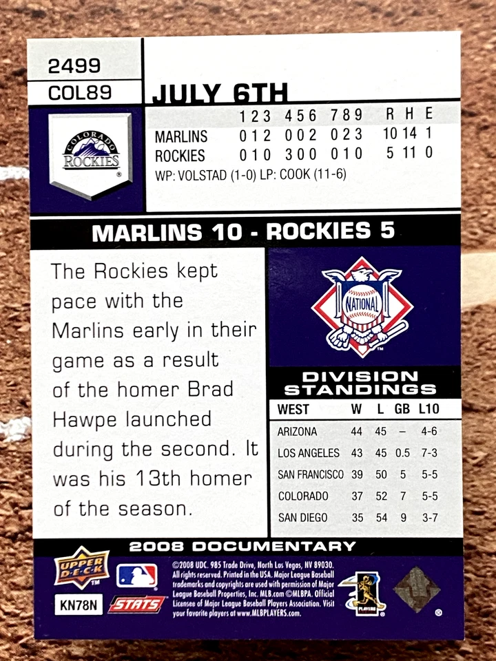 2008 Upper Deck Documentary Matt Holliday #2499 - Image 2 of 2