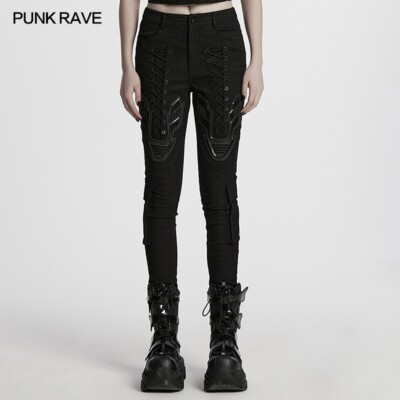Punk Rave Women lack Gothic Cyberpunk Armor Patch Tight Leggings Slim Fit Pants