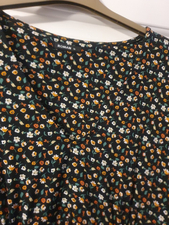 Roman Floral Tea Dress Frill Hem Size 16 eBay