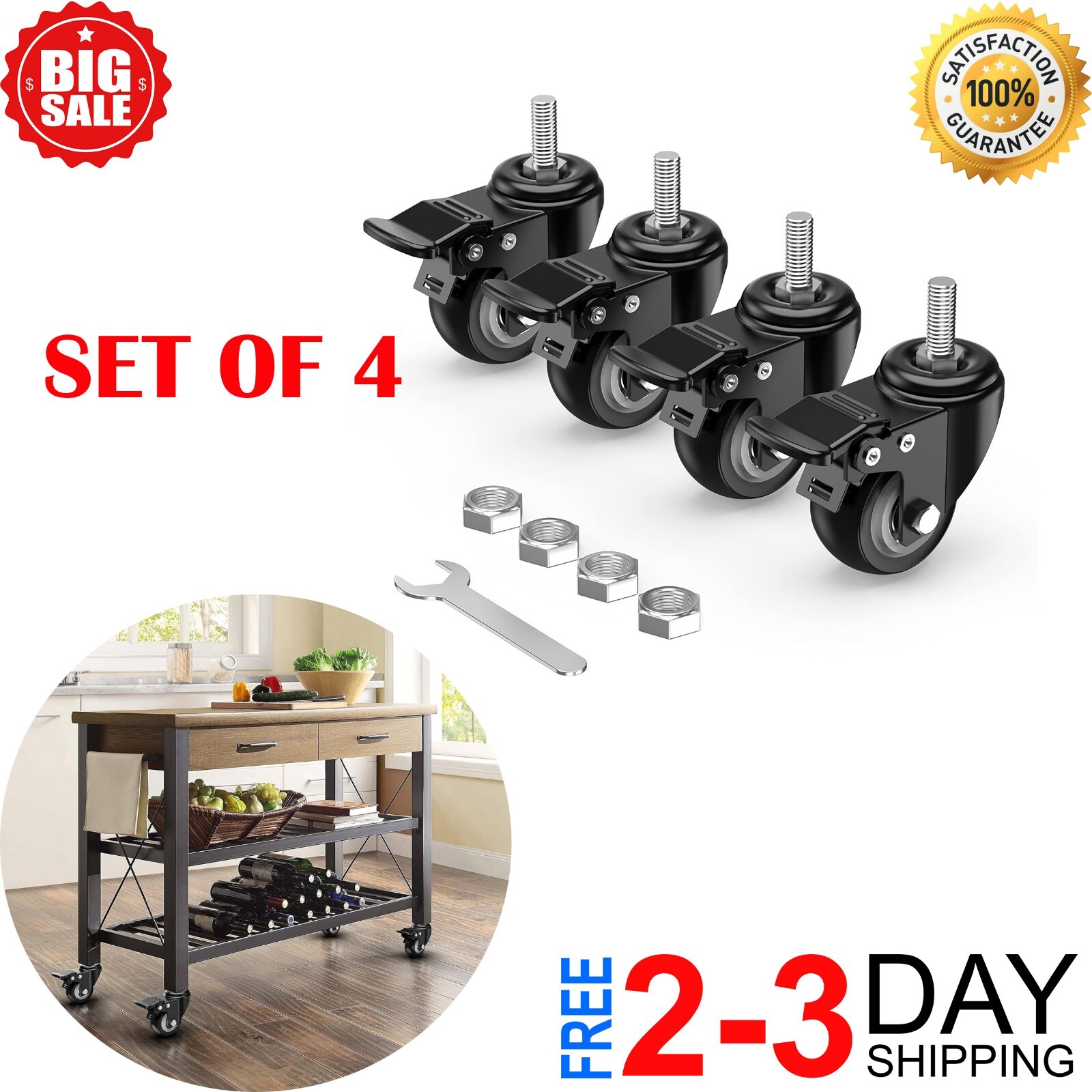 Casters Set 4 Heavy Duty 2 Inch, Swivel Threaded Stem Caster Wheels with Brake
