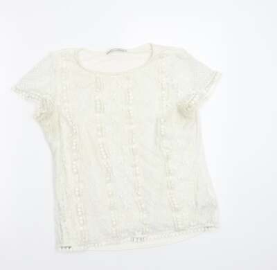 Oasis Damen weiß Baumwolle Basic Bluse Größe M Rundhalsausschnitt