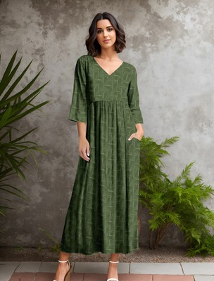Bon Apple Tea Women's 3/4 Sleeve V-neck Empire Waist Maxi Dress with Pockets