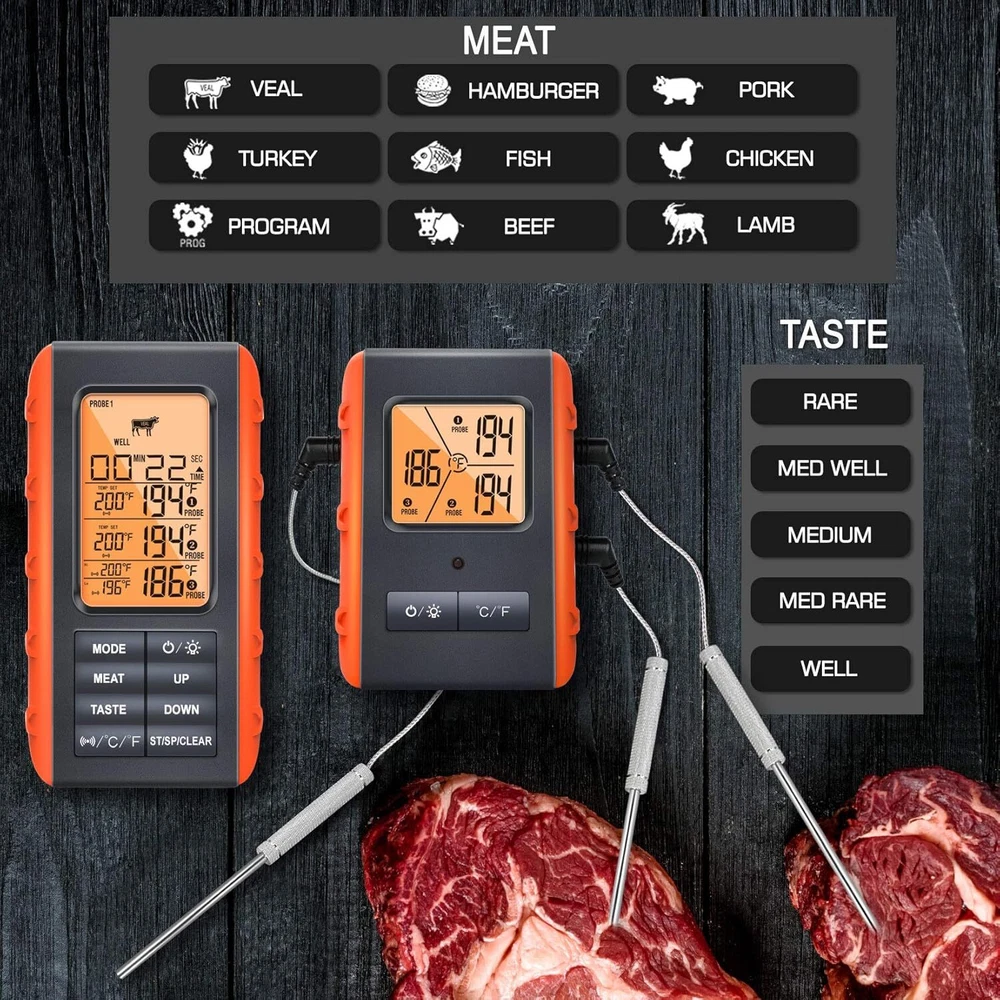 Wireless Meat Thermometer for Grilling Smoking - Kitchen Food Cooking Orange
