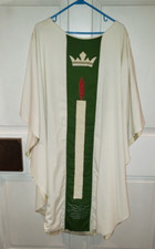 VINTAGE PRIEST CLERGY CHASUBLE OFFICIANT VESTMENT OFF WHITE W/CROWN IMPERFECT