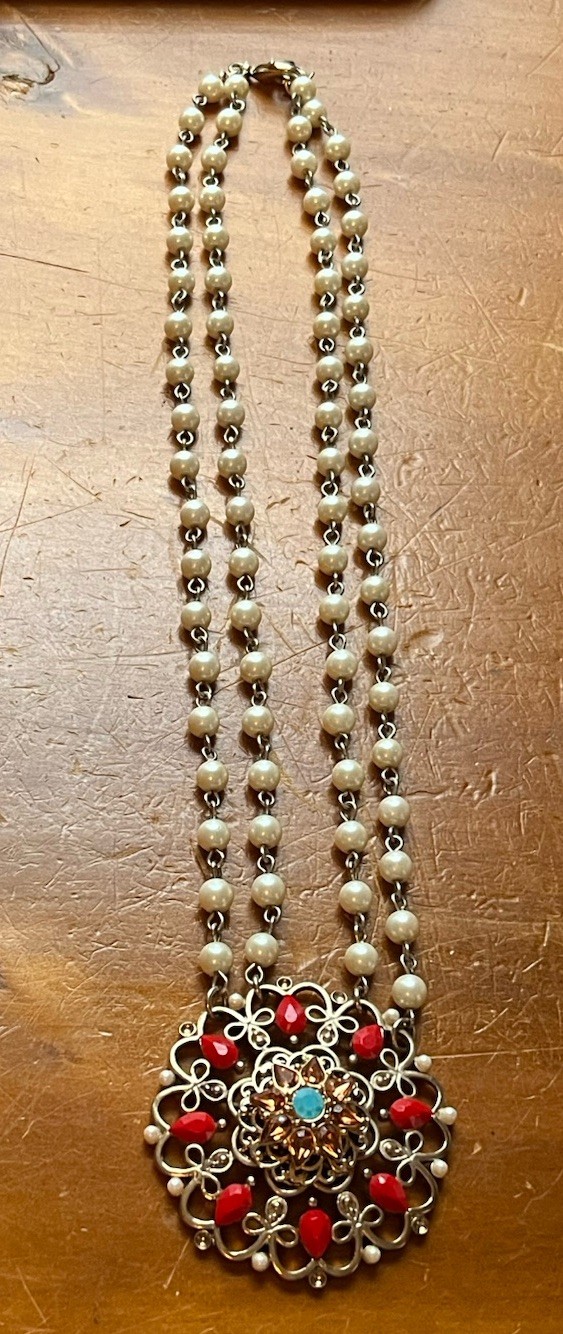 Vintage Carolee Signed Faux Pearl Gemstone Filigree Medallion Necklace 20” RARE image 2