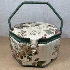 VTG Large Octagon Fabric Sewing Basket Box Satin Lining Insert Clean Handle