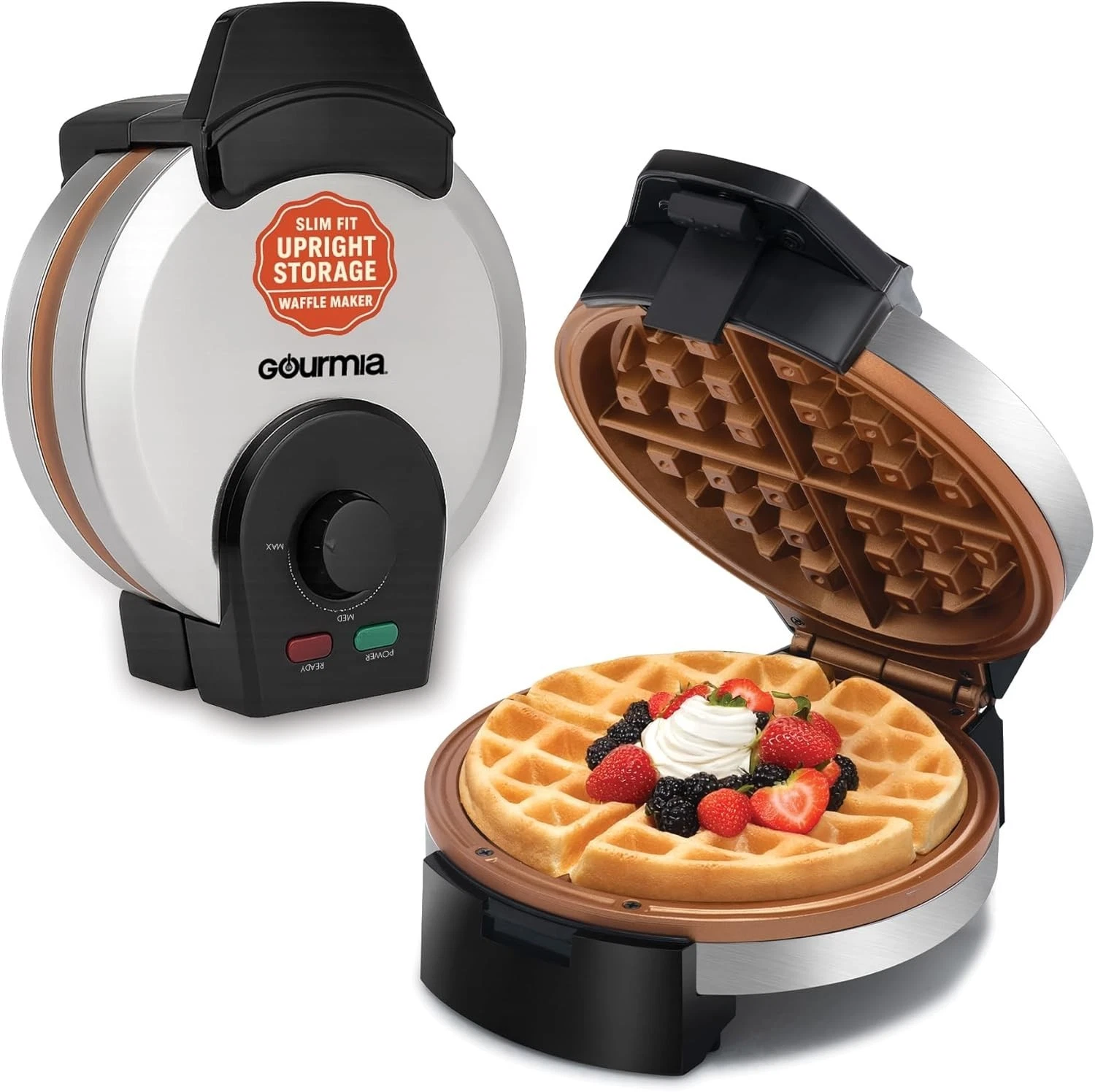 Gourmia Belgian Waffle Maker – Compact Design with Upright Storage, Adjustable