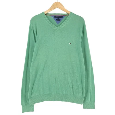 Vintage Pull Tommy Hilfiger Homme Vert Coton Col V Manches Longues Taille M - Photo 1/4