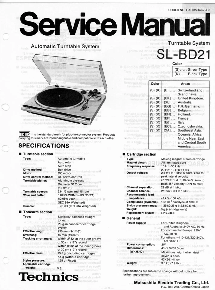 TECHNICS Service Manual für SL-BD21 Turntable System - Bild 1 von 1