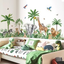 Large Safari Animals Tropical Tree Wall Decals Jungle Animals Giraffe Elephan...